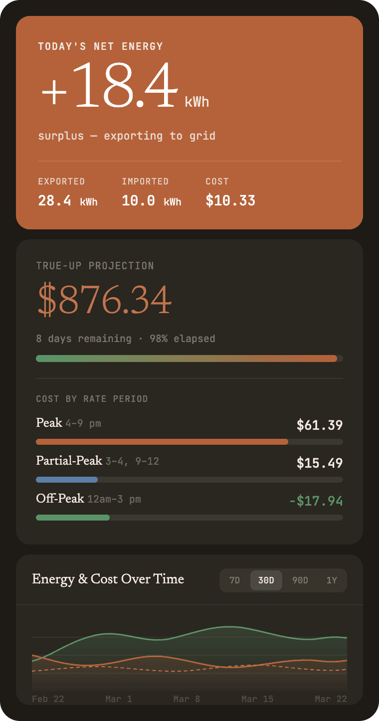 MySolar Pulse dashboard showing energy usage, True-Up projection, and cost breakdown